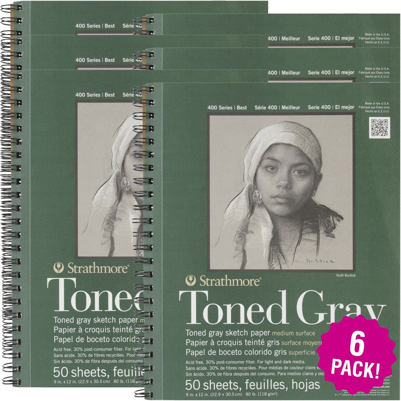 Multipack of 6 - Strathmore Toned Sketch Spiral Paper Pad 9"X12"-Gray 50 Sheets